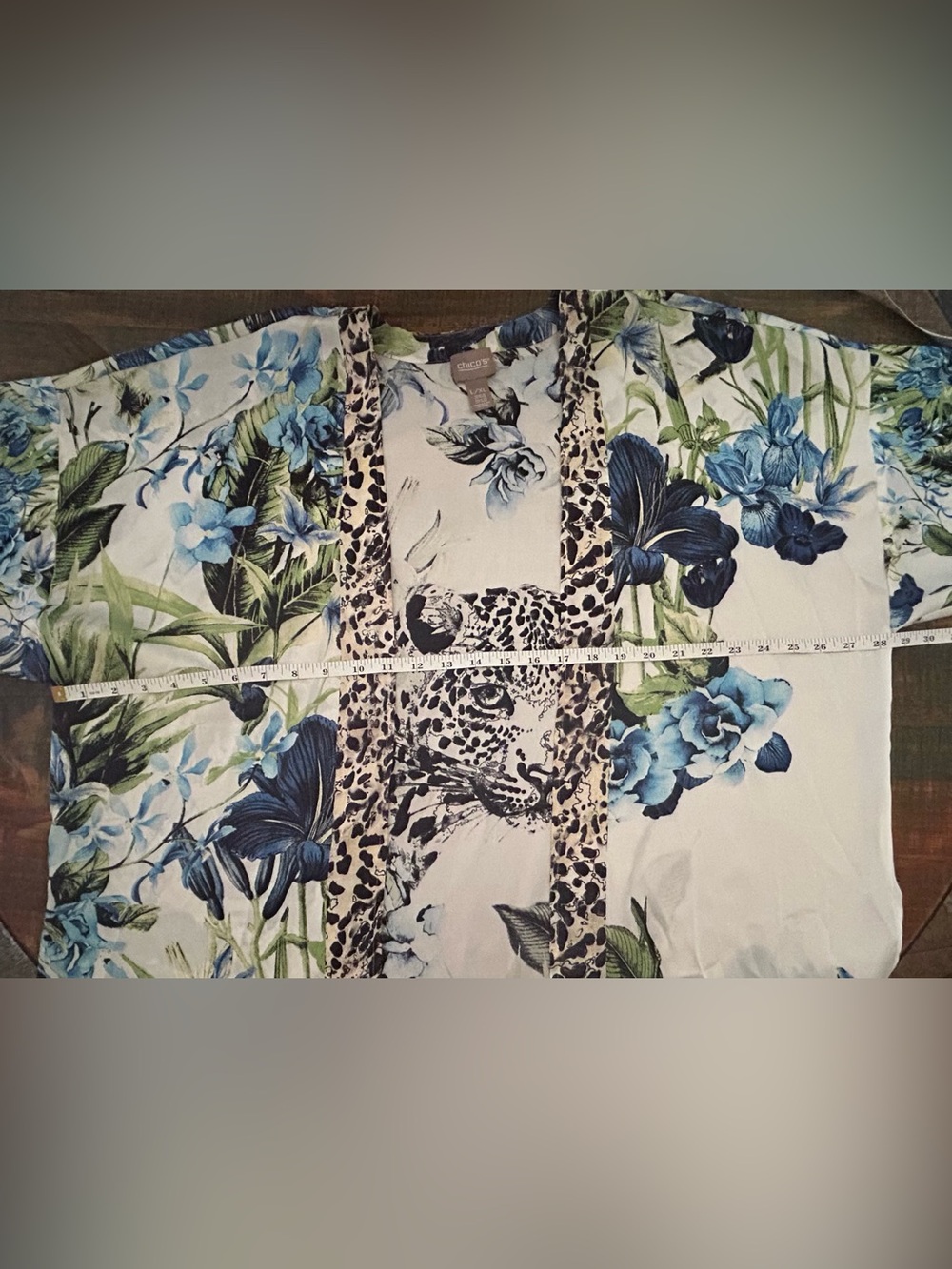Chico’s Kimono Cardigan Blue Floral & Animal Print 3/4 Sleeve Boho Lightweight - Picture 10 of 12